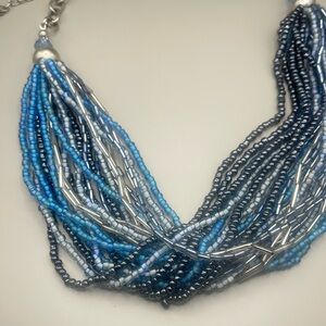 Blue Beaded Necklace with Silver Tone Chain